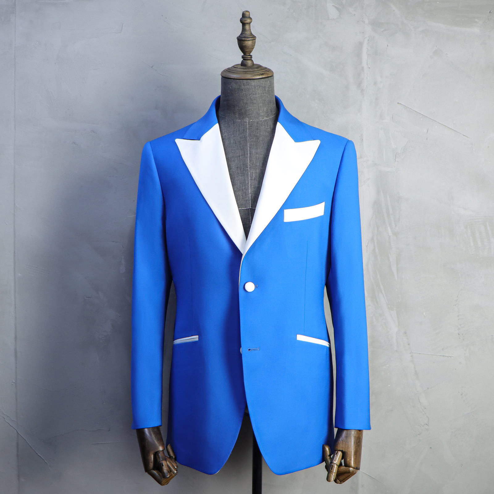 MTM Fashion Mens Peaked Lapel Tailor Custom Tuxedo Bespoke Blue Wedding Groom Suit Wool 2 Piece Suit Set