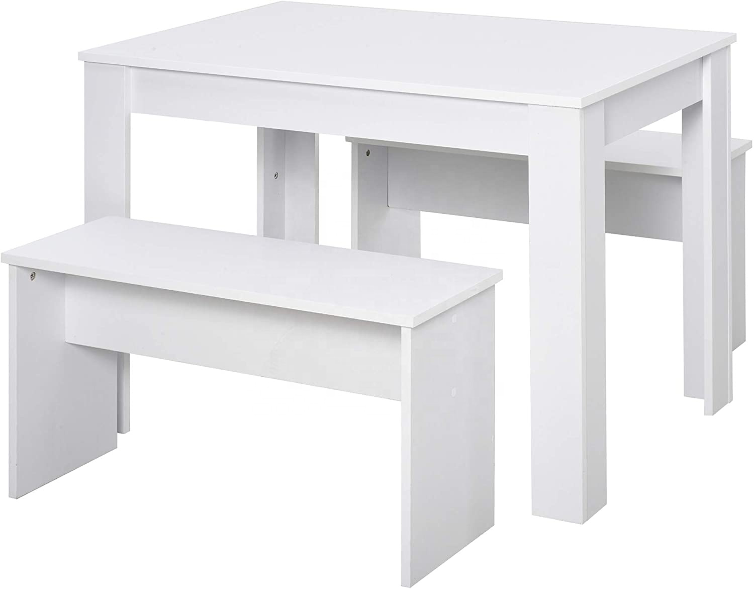 Kitchen Dining Table and 2 Benches Set, Table and Chairs Set for Kichenroom furniture , White