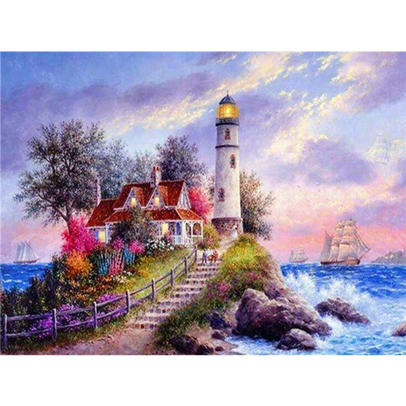 Huacan 5D Diy Diamond Painting Landscape House Sea Flower Lighthouse Diamond Embroidery Short Lint Canvas Handicraft
