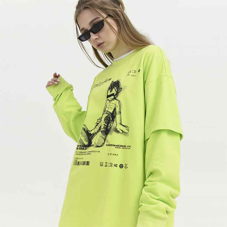 factory splicing two pieces cartoon print fashion oversized cotton women t shirts full sleeve street hip hop t-shirt