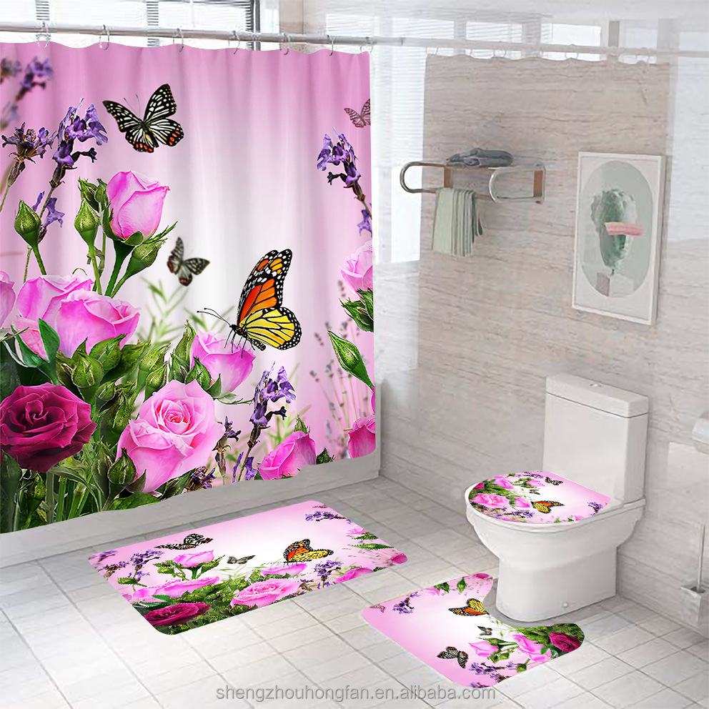 Pink Rose Shower Curtain Set with Non-Slip Rug, Toilet Lid Cover and Bath Mat, Floral Butterfly Waterproof Fabric Shower Curtain