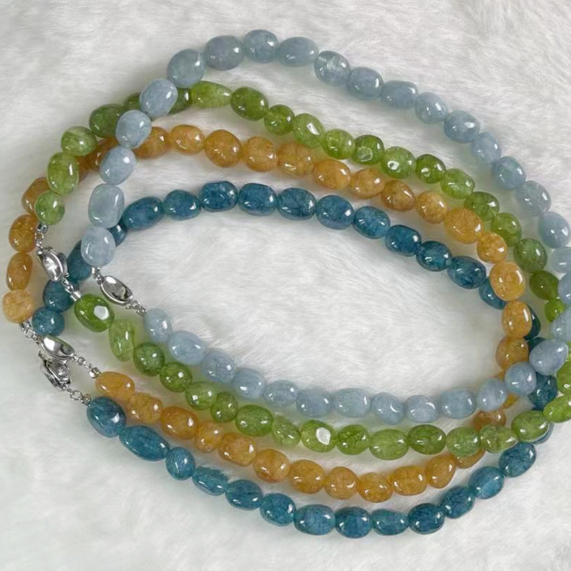New chalcedony show white ice through blue Avocado beaded ingot buckle popular beaded necklace