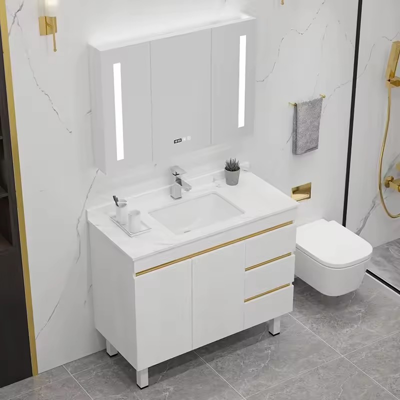 Modern Luxury Solid Wood Hotel Washroom Furniture Floor Mount Bathroom Vanity Units with Waterproof Cabinet and Smart Mirror