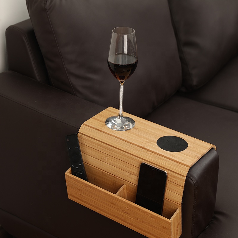 Bamboo wood Sofa Arm Tray Table Armrest Table with Pockets Remote Control Organizer Holder