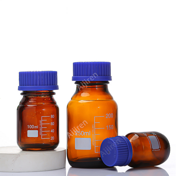 Aijiren liquid storage glass laboratory amber reagent bottle 250ml with Plastic GL45 Screw cap