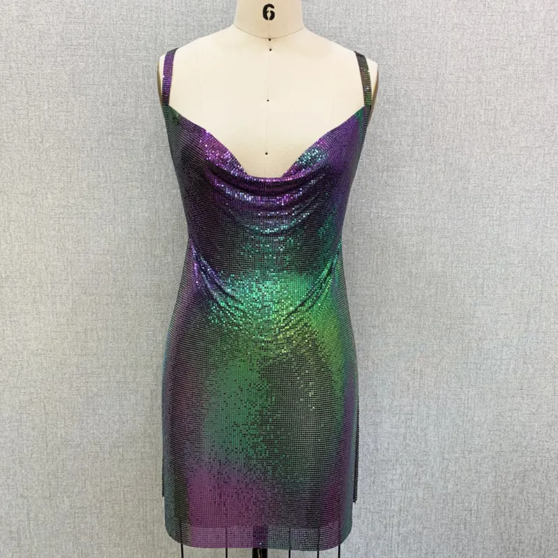 Sexy Clubwear Multi Color Metal Sequin Mesh Backless Women Mini Chainmail Dress For Party