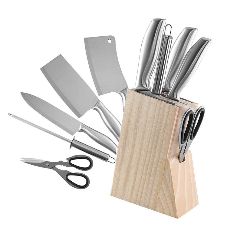 Kitchen Knife Block Set, 6 Piece Stainless Steel Handle Kitchen Knives Set with Wooden Block, Manual Kitchen Knife Sharpener