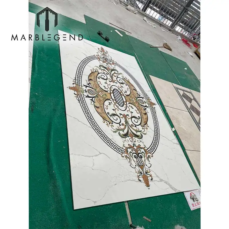 Luxury Waterjet Stone Cutting Square Marble Floor Inlay Flooring Flower Design Curved Marble Tiles Square Water Jet Medallion