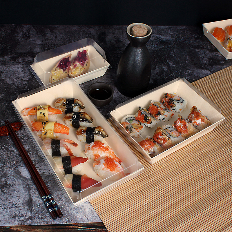 Japanese Sushi Boat Ship packaging Box Wooden Take Out Salad Sashimi Box With Clear Lid