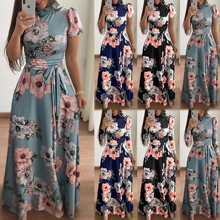 Women's Flower Printed Long Casual plus size dress High Neck Belt Elegant Long and Short Sleeve Dress