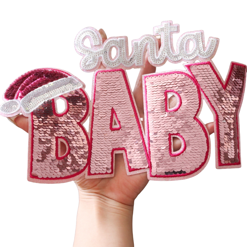 Wholesale Big Christmas Pink Glitter Sequin Patch Embroidery Patch For Girl Women Clothing