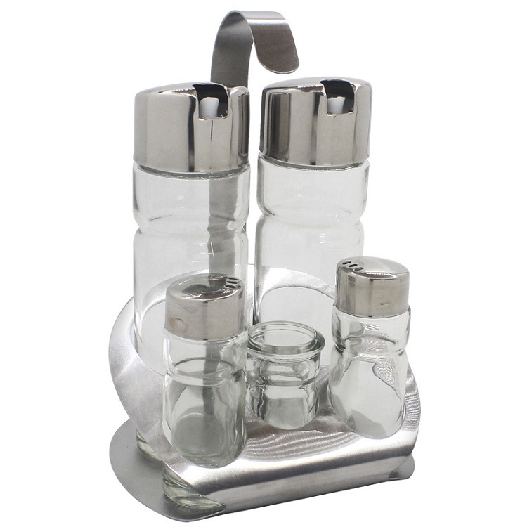 5pcs Seasoning Set with Rack, High Quality Glass Cruet Set Including Oil Vinegar Bottle Salt Pepper Shaker Condiment Set