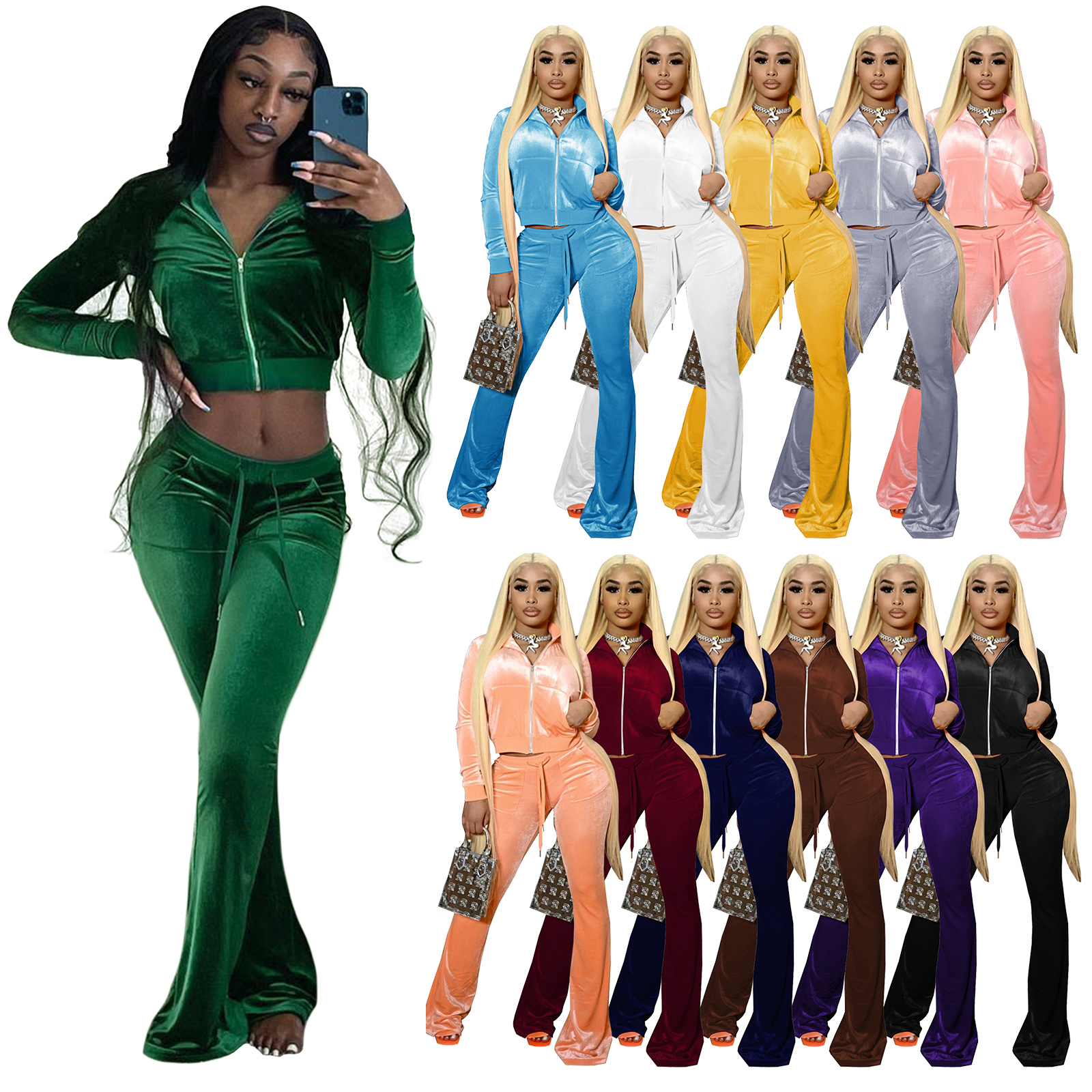 Fall Sweatsuit Women Velvet Outfits Autumn Crop Top Sweat Wide Leg Pants Sets Two Pieces Velvet Velour Tracksuits For Women