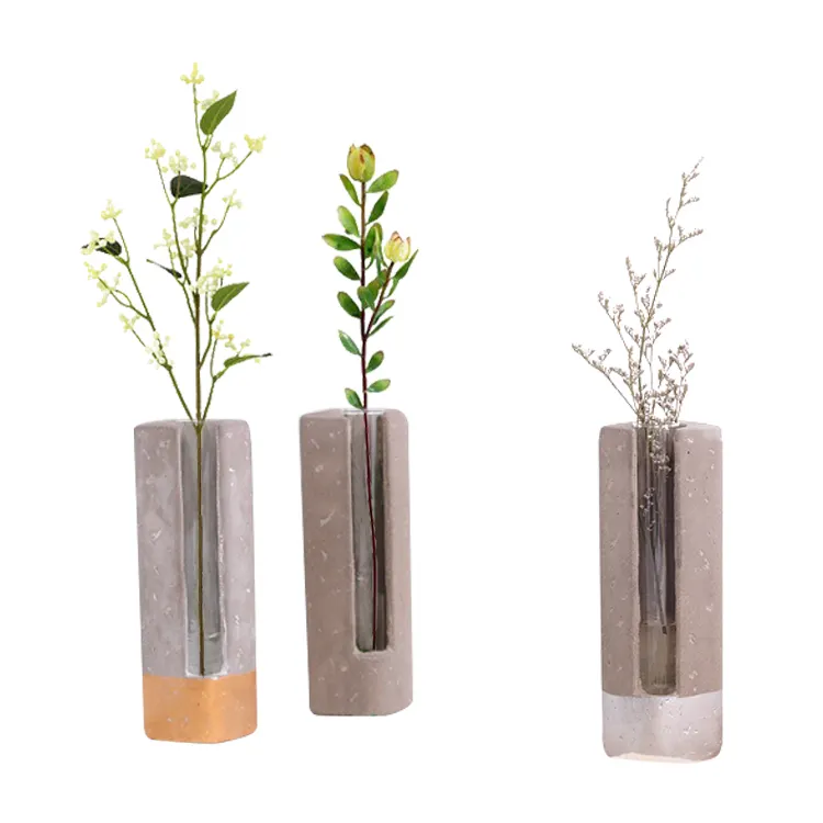 Novelty design cement test tube table planter, mixed material rectangular Bud cement glass vase#
