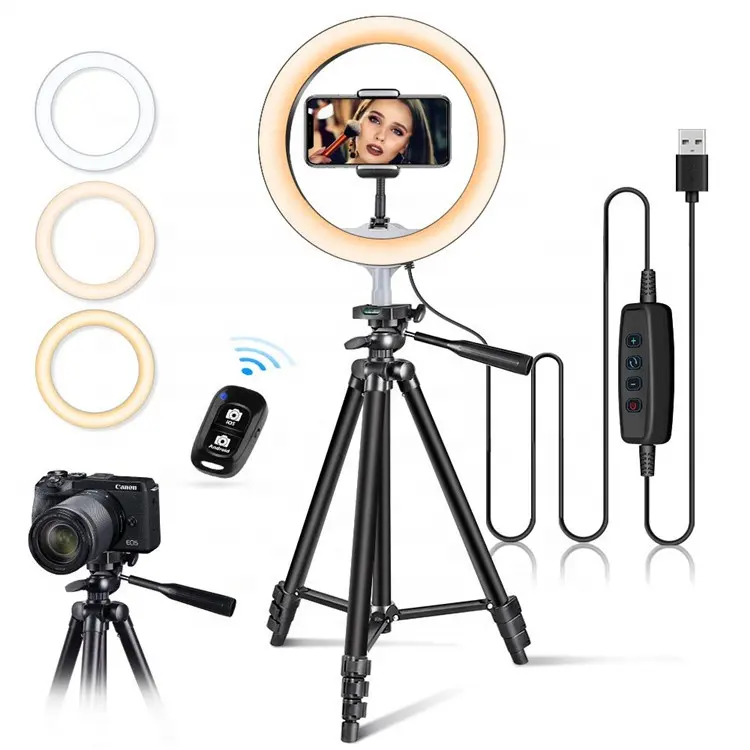 10" Selfie Ring Light with 50" Tripod & Phone Holder for Makeup Live Stream, LED Camera Ring Light Kit with Remote Shutter