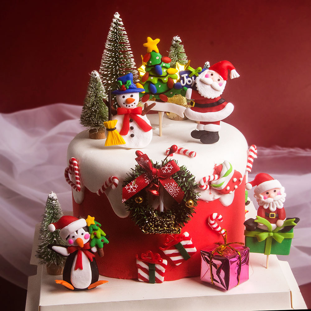 Christmas cake decorations forest Moon Santa Claus cake plug-in Christmas Snowman Christmas dessert table cake topper