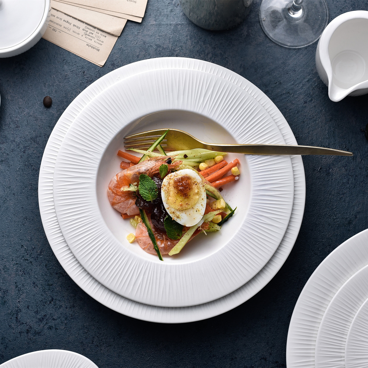 Classical Rustic Wholesale Restaurant Used Serving Dish Elegant Line Design White Soup Plate Ceramic Wide Rim Pasta Plate