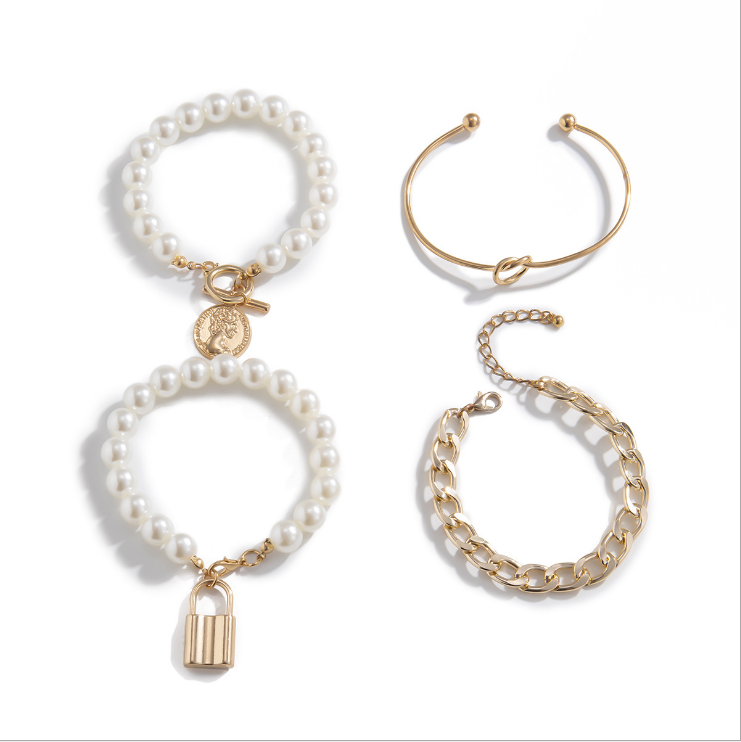 Wholesale Trendy women's personality multi-layer OT buckle lock bracelet simple pearl set alloy bracelet