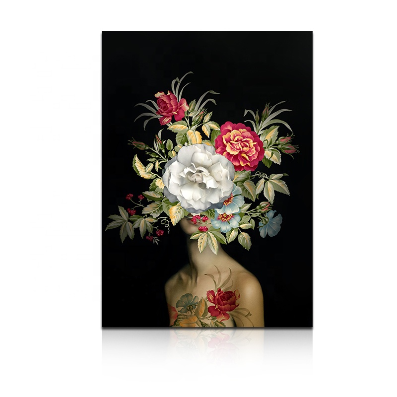 Modern abstract black back beautiful flowers Chinese girl HD prints canvas wall art nude painting for room decor