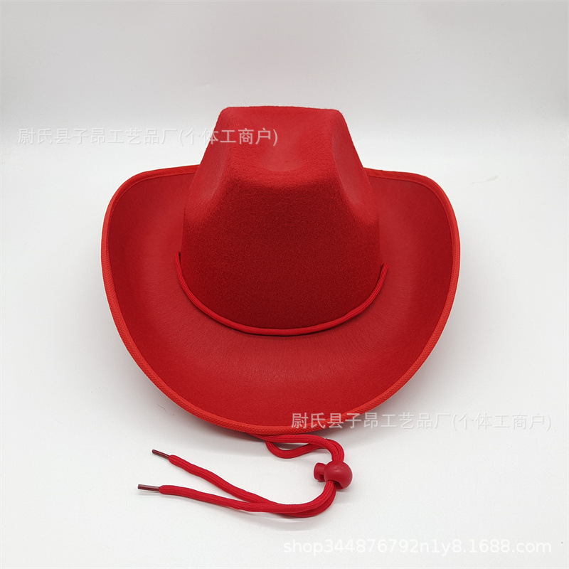 Wholesale Plain Red White Felt Cowboy Hat Adult Women Men Black Pink Western Cowboy Hat With String Windproof Rope