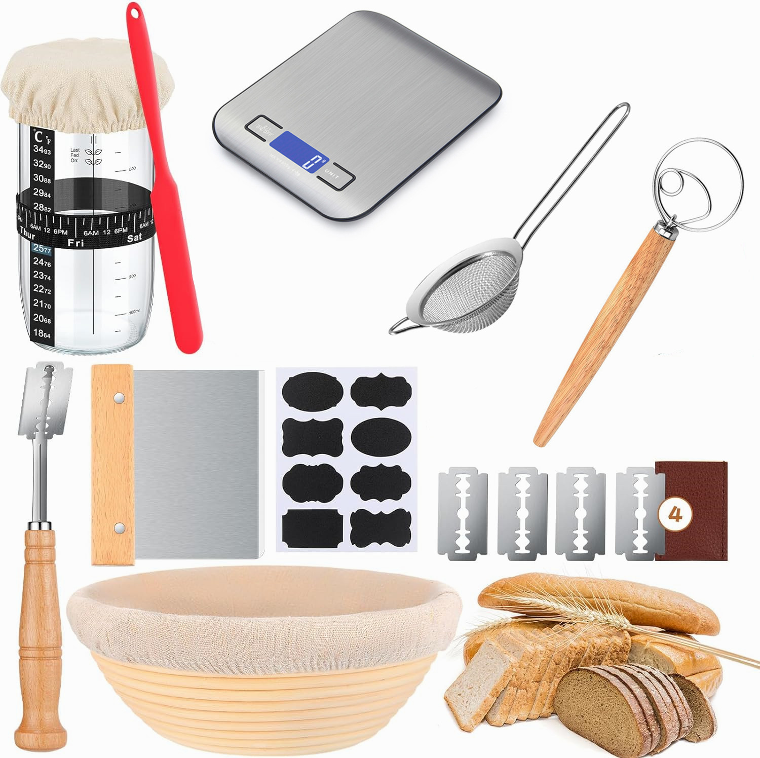 Sourdough Bread Proofing Baskets 9 Inch Sourdough Starter Kit Premium Baking Scale Digital Kitchen Scale Bread Basket Set