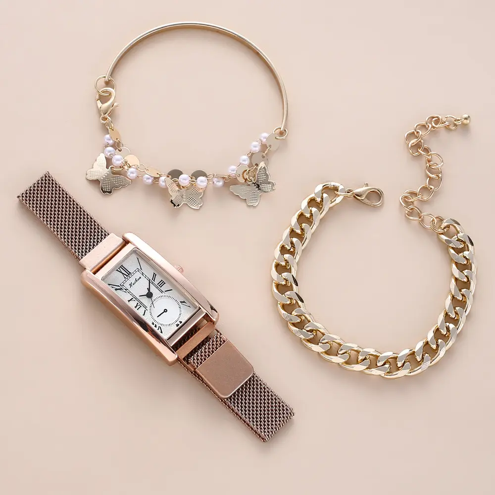A08124 INS Casual Square Dial Shrink Magnet Buckle Mesh Band Quartz Watch Butterfly Bracelet And Pearl Bead Bracelet