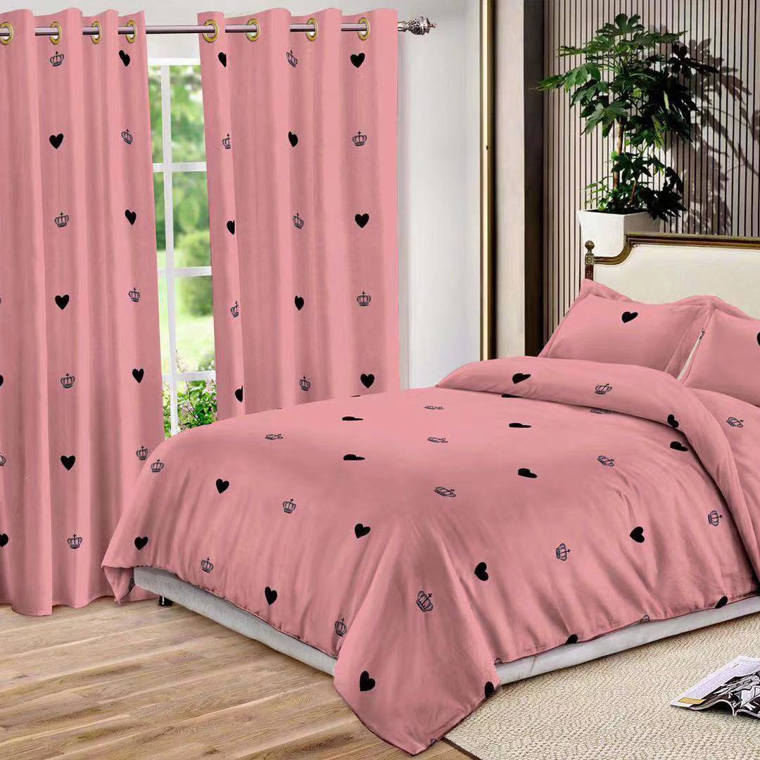 Hot sale home textile cheap price soft comfortable 100% polyester bedding sheets sets with curtains