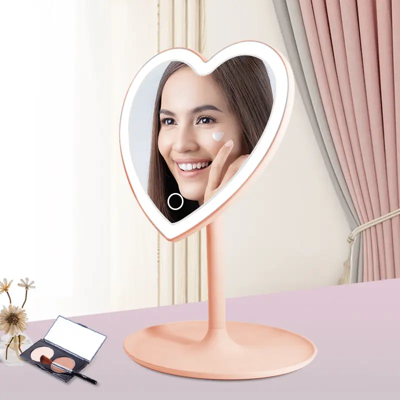 Plastic Tabletop Hand Mirror Heart Shape Portable Logo Custom Makeup Cosmetic Mirror