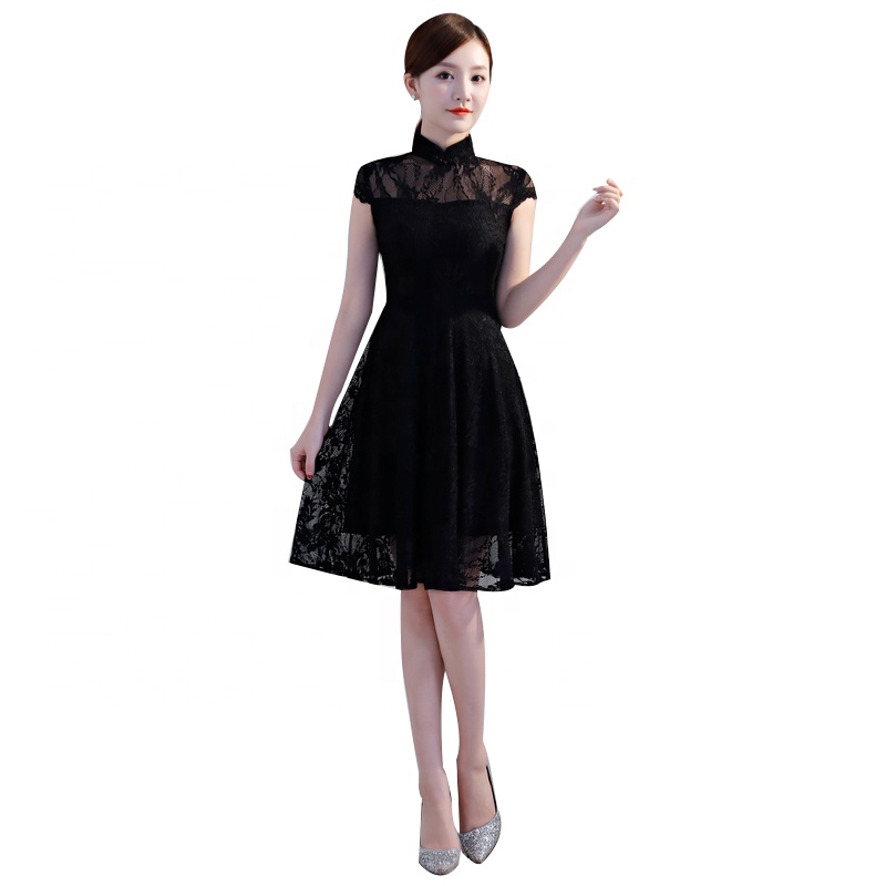 2019 последние конструкции китайский Морден моды Cheongsam элегантный черный Qipao короткое Кружевное платье для женщин партии или ОТР повседневная одежда