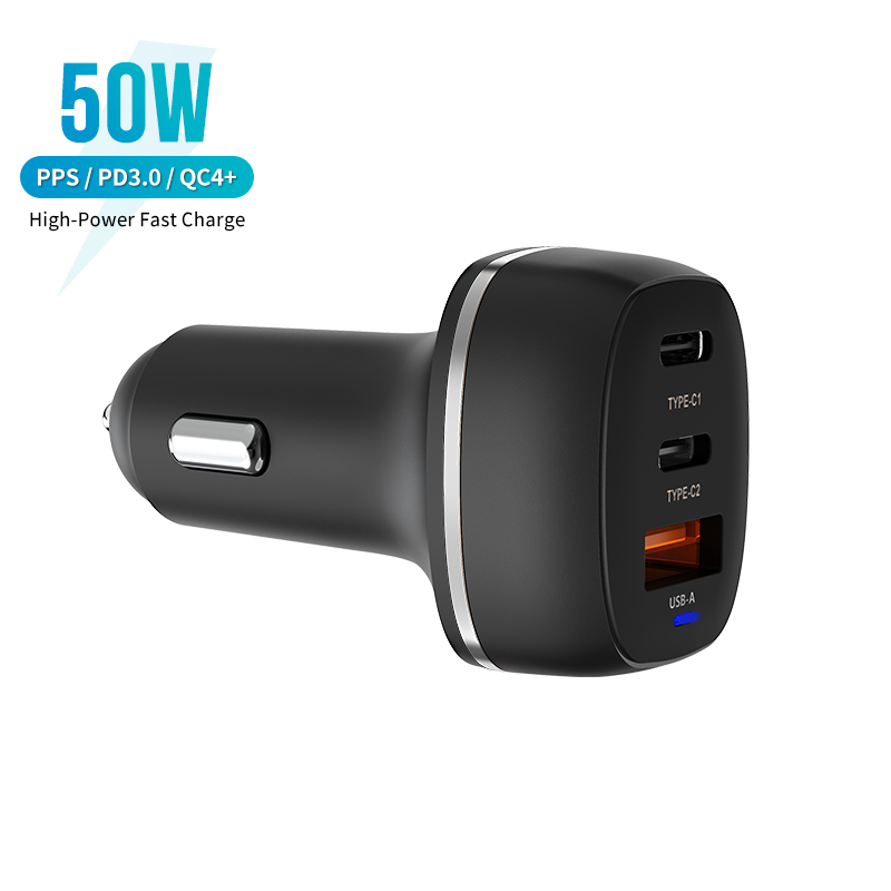 3 In 1 Dual Type C Port 1 USB A Port 50W USB Charger In Car Cell Phone Laptop Table Charging In Car