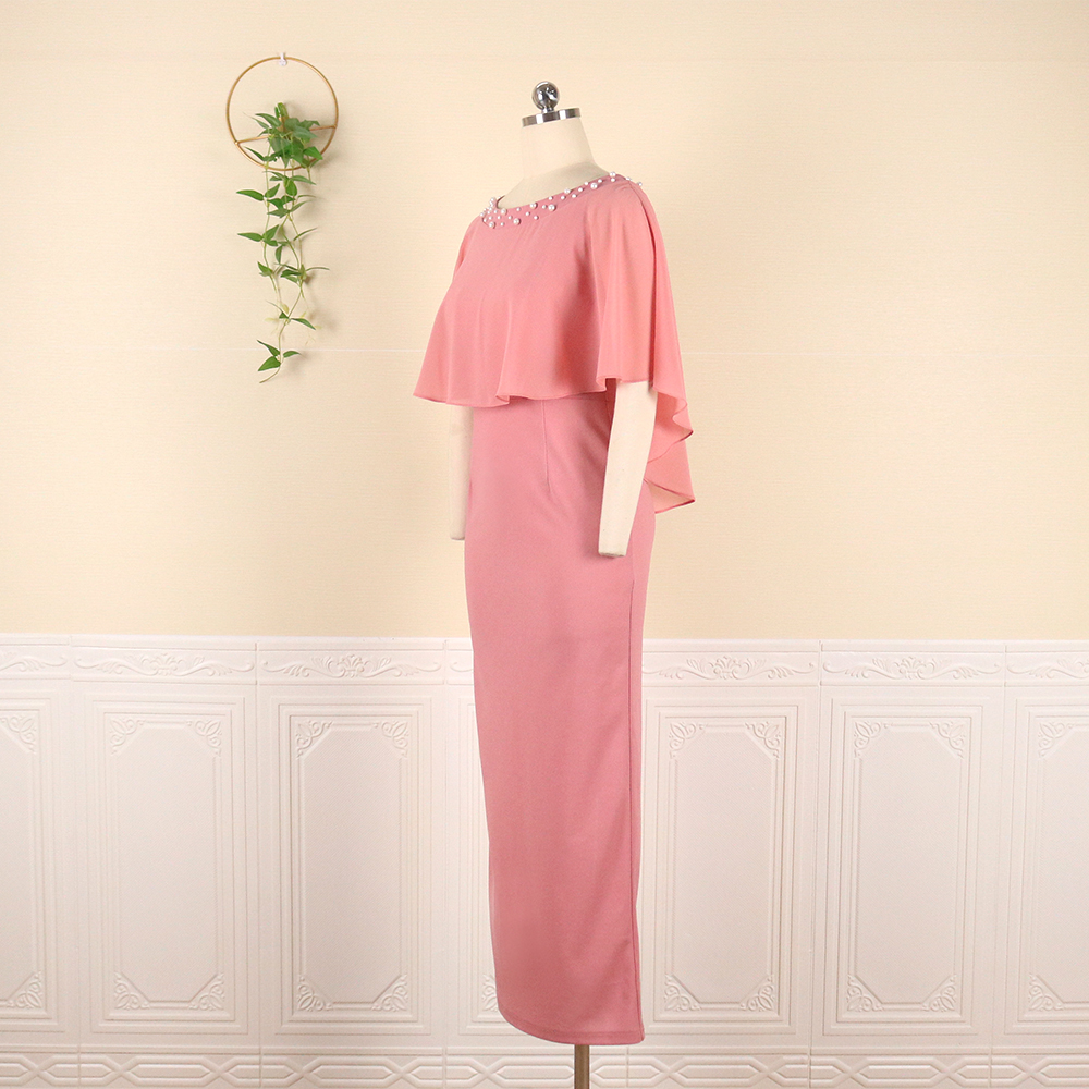 AM210532A Crew Neck Cloak Sleeves Stitched Tulle Beaded Ruffle Plus Size Maxi Women Elegant Evening Dress Party Dresses Women