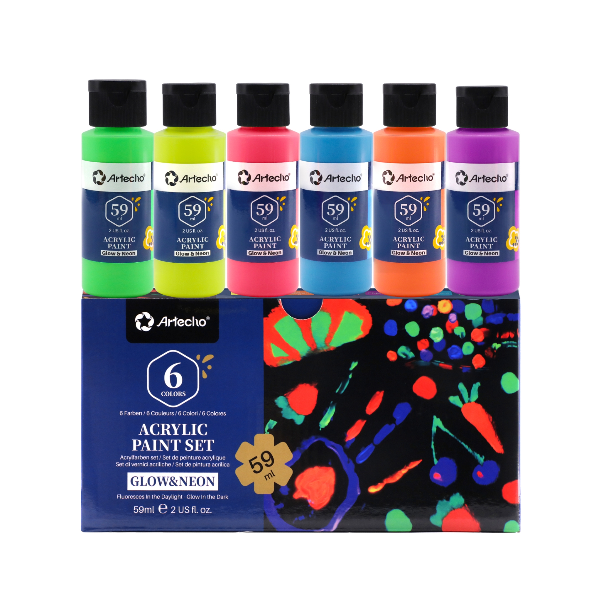 Artecho Acrylic Paint Set of 6 Neon Glow in the Dark Paint, 2 Ounce/59ml Paint for Art Paint, Decorate, and many surface