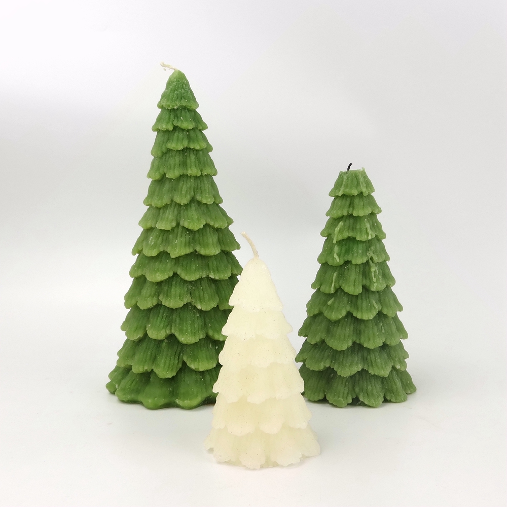 9'' 7'' 5'' White Green Xmas Tree Shape Christmas Decoration Customized Luxcury Pillar Candles Wax