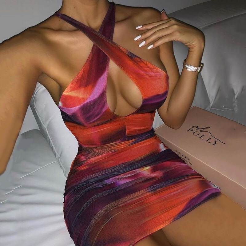 2021 New Tie Dye Bodycon Dress For Women Party Night Vestidos Cross Lace Up Backless Mini Dress Ladies Elegant Clubwear