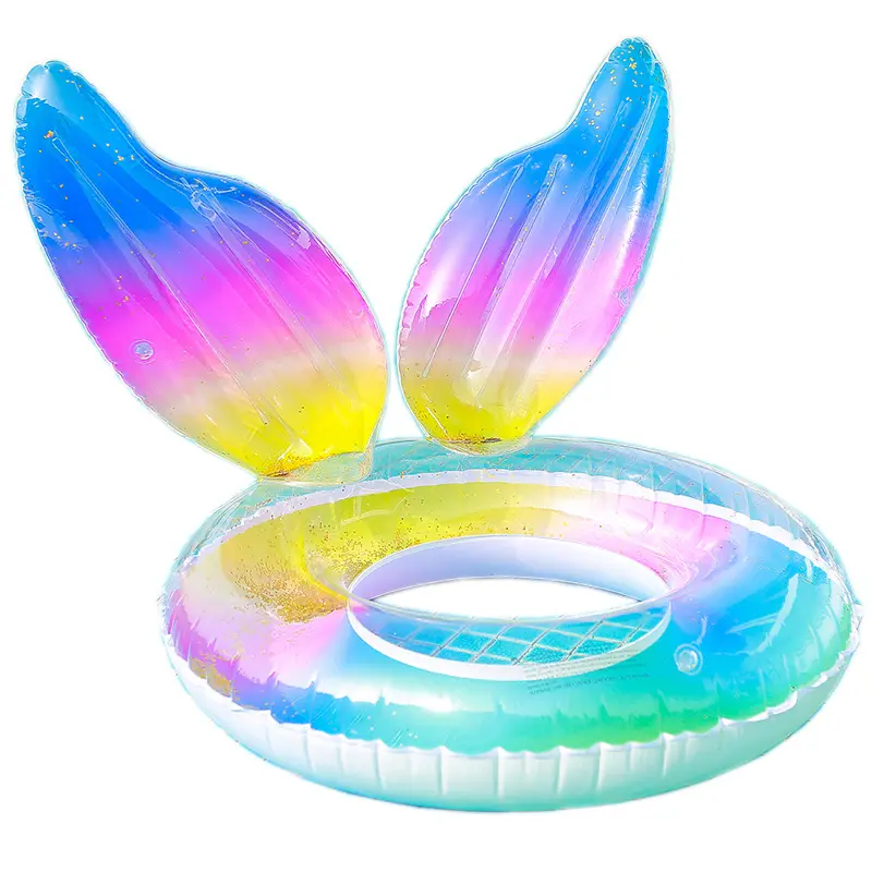 2021 New design rainbow Mermaid tail swim ring summer party rainbow mermaid swimming ring with sequins inside