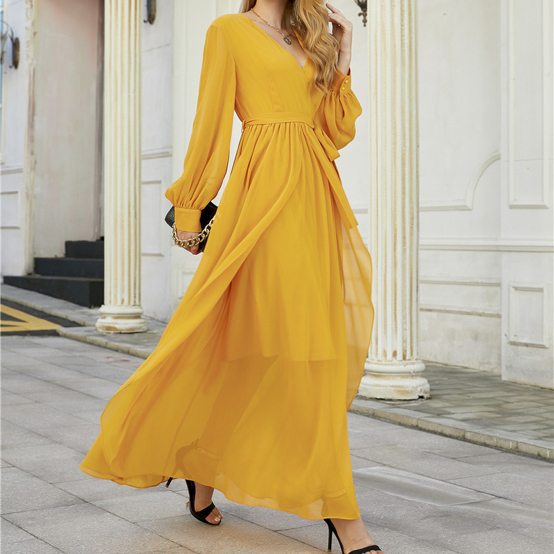 Womans Fashion Lady Yellow Chiffon Ruffle Ladies Maxi Long Dress Women Elegant Summer vestidos occasion Casual Dresses