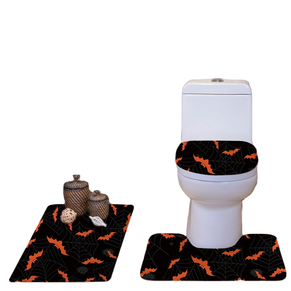 High Quality Halloween Bat Spider Skull Printed Customized Non-slip bathroom mats 3 piece rugs set toilet rug set Lid Cover 2021