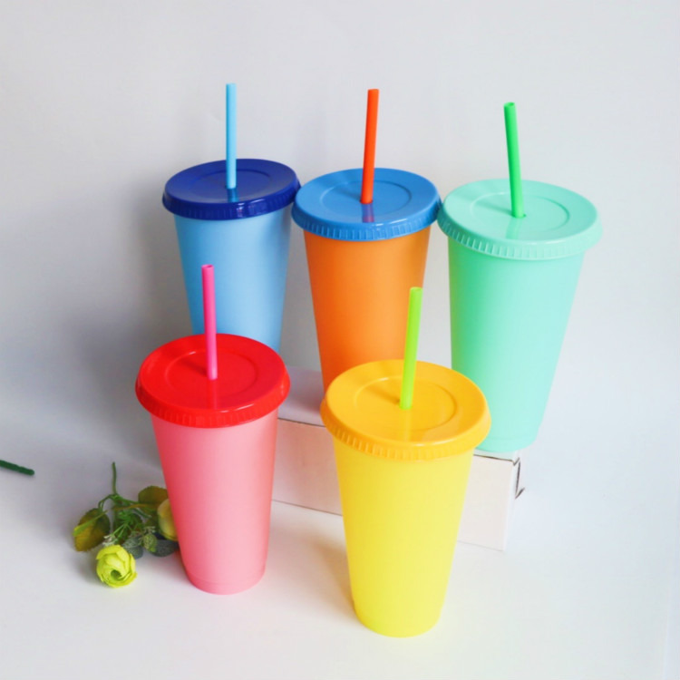 Reusable 24oz PP Plastic Clear Coffee Cold Water Tumbler Color Changing Cups With Lids And Straws