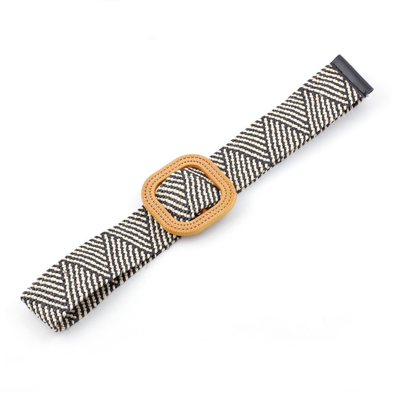 2021New female Braided Elastic Wide Strap Designer Woven Elastic Stretch Belt With Round Wooden Buckle straw belt