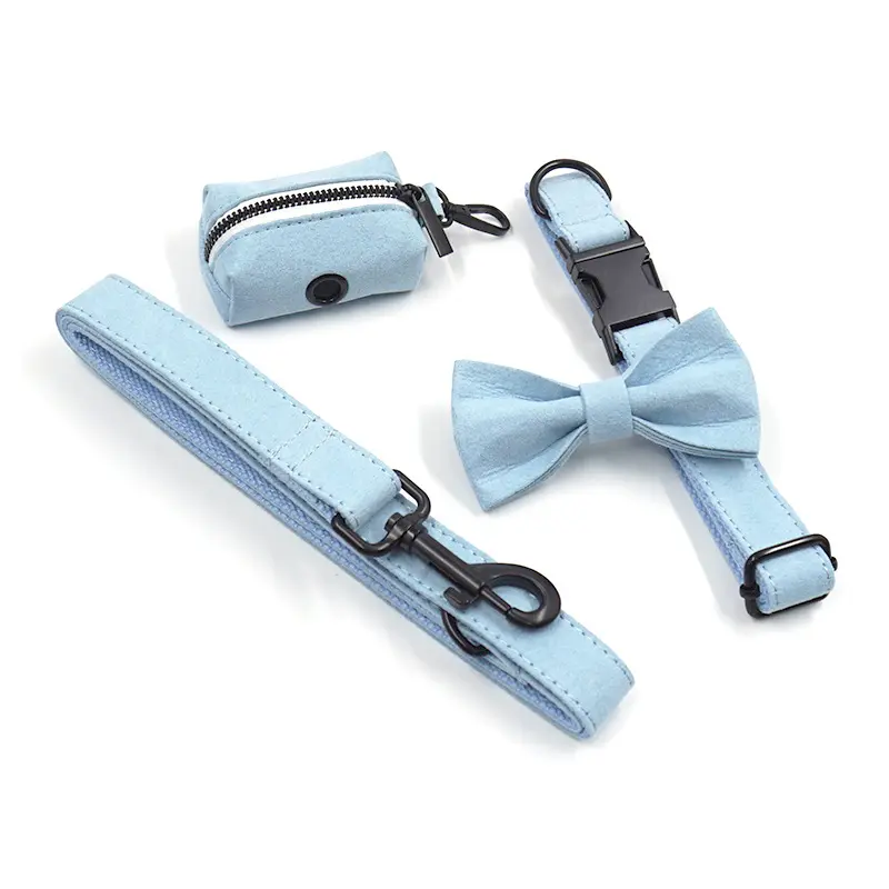 Hot selling light blue short velvet lettering black button pet collar leash bow garbage bag 4 sets