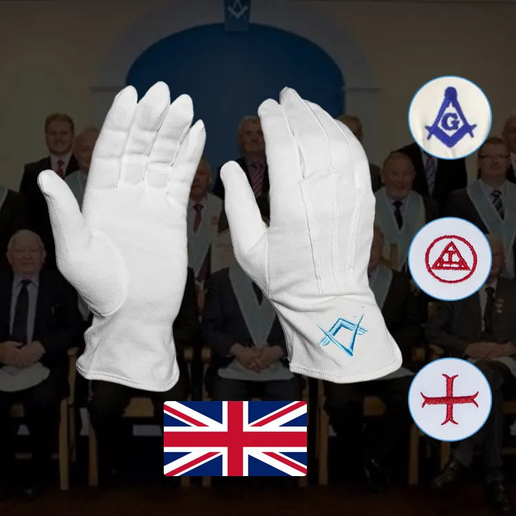 Custom Wholesale UK Sword Men Personalise Regalia Church Freemason White Cotton Nylon Masonic Embroidered Logo Gloves for Church