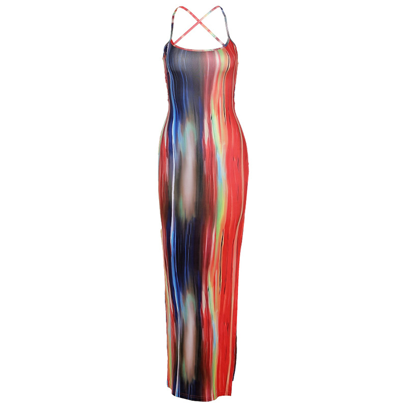 Summer 2021 High Quality Tie-dye Ladies Backless Printed Women Fashion Clothes Styles Slit Casual Dresses