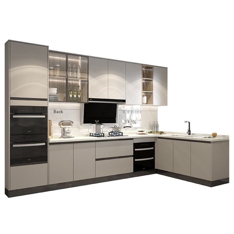 Customized Official Gold Integrated Kitchen Cabinet with Quartz Stone Countertop & Stove Decoration for Household Use