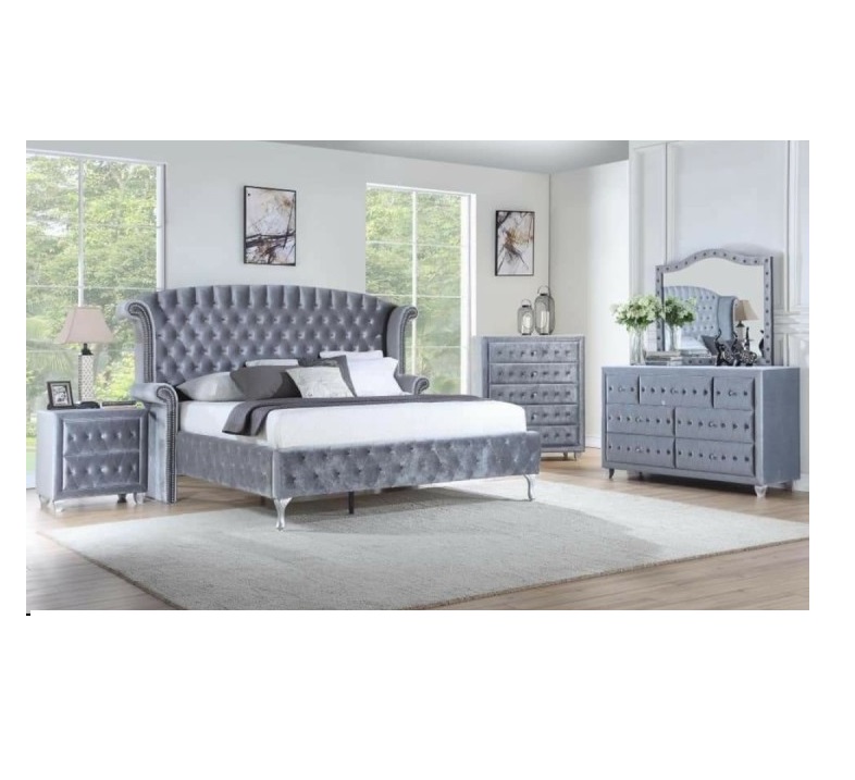 Chinese Hot Sale Modern Beds Velvet Fabric with High Headboard Queen Size Bed