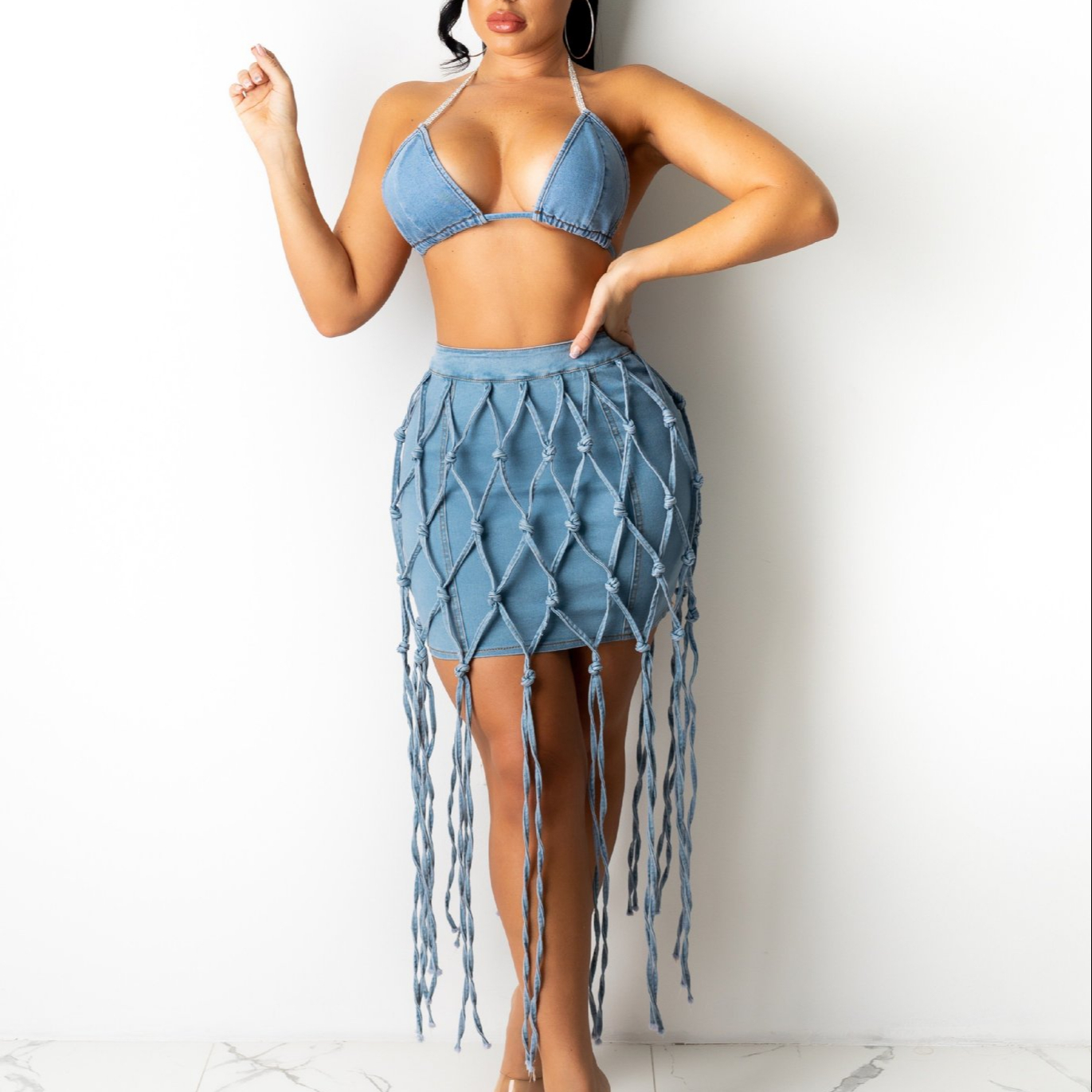 Fashion New Hot Sale Skirt Female 2021 Summer Jean Skirts For Ladies Mid waist Hollow Out Women Mesh Denim Skirts