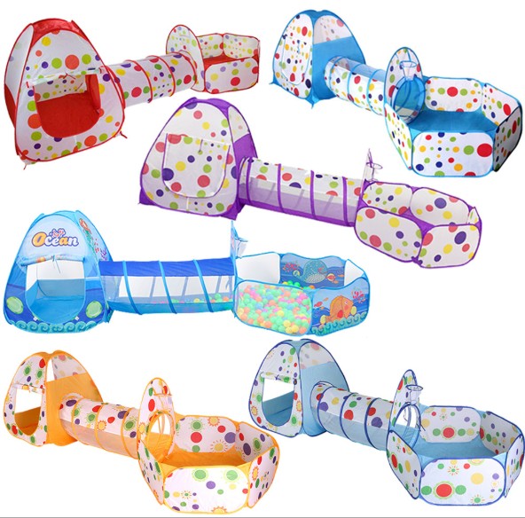 Crawl Tunnel and Ball Pit Pop Up Playhouse Tent with Basketball Hoop 3pc Kids Play Tent