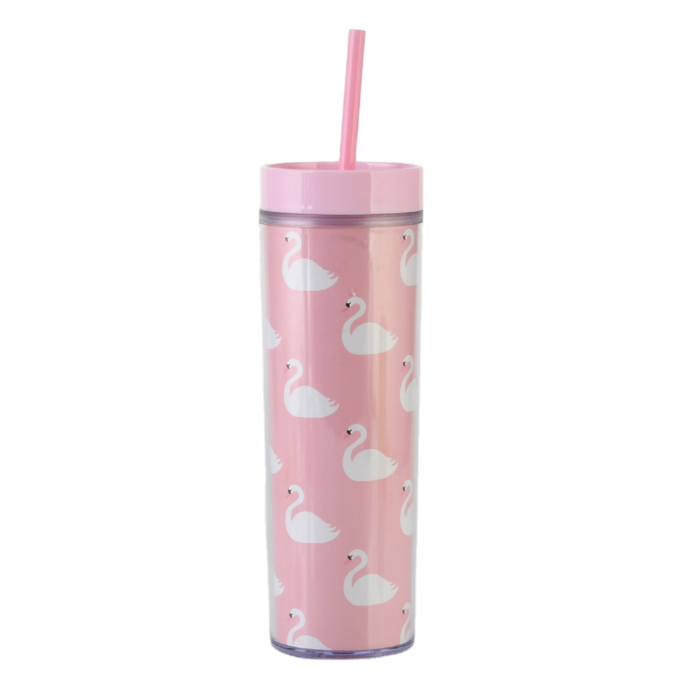 Wholesale 16 oz Pink Double Wall Tumbler Plastic Insulated Coffee Water Tumbler With Straw Lid Sublimation Tumbler