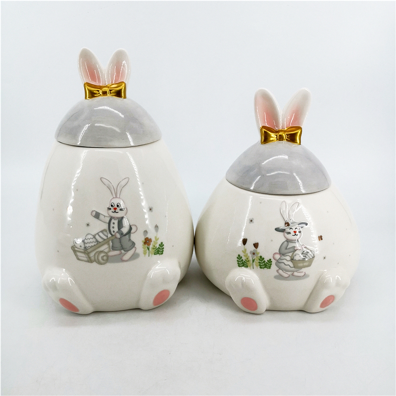 Embossed cute rabbit ceramic big canister cookie jar with lid kitchen decoration