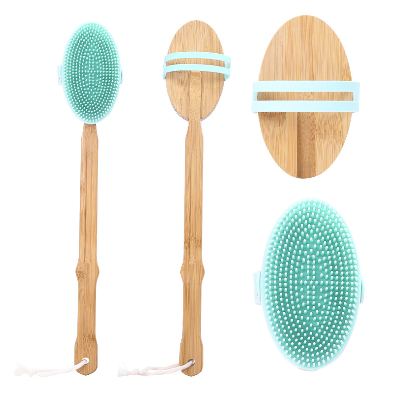 Fashion New Design Extended version bamboo two-in-one detachable long handle Shower Dry Skin silicone bath brush