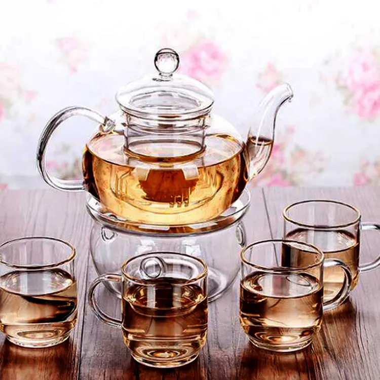 BPA Free Glass Tea Sets with Tea Cups Pot and Heated Candlestick Tea Water Bottle with Customized Logo